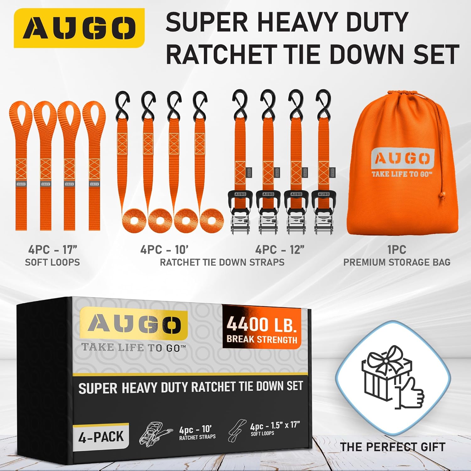 Heavy Duty Ratchet Straps - 4 Pack - 1.5" x 10 Ft - 4400 Lb Break Strength