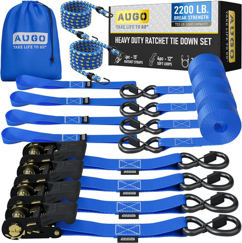 Heavy Duty Ratchet Straps - 4 Pack – 15 ft - 2200 lb Break Strength