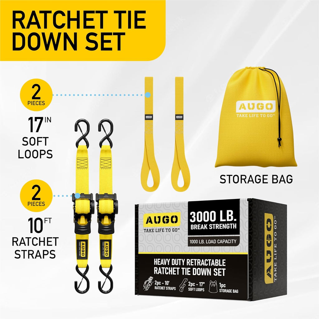 Heavy Duty Retractable Ratchet Straps - 2 Pack - 2" x 10 Ft - 3000 Lb Break Strength