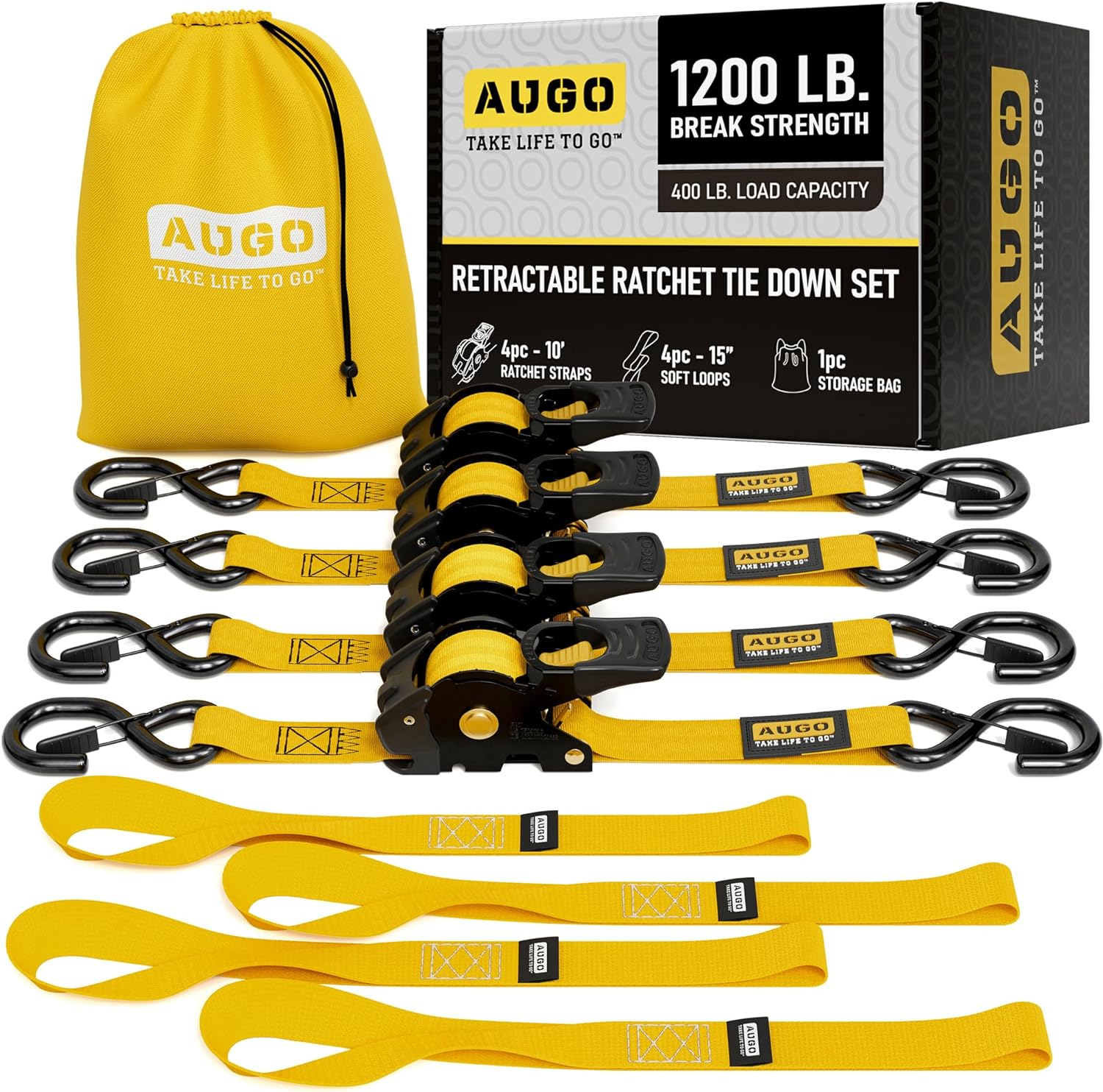 Retractable Ratchet Straps - 4 Pack - 1" x 10 Ft - 1200 Lb Break Strength