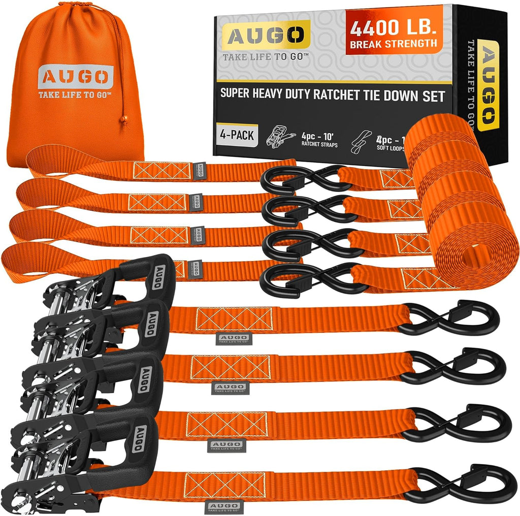 Heavy Duty Ratchet Straps - 4 Pack - 1.5" x 10 Ft - 4400 Lb Break Strength