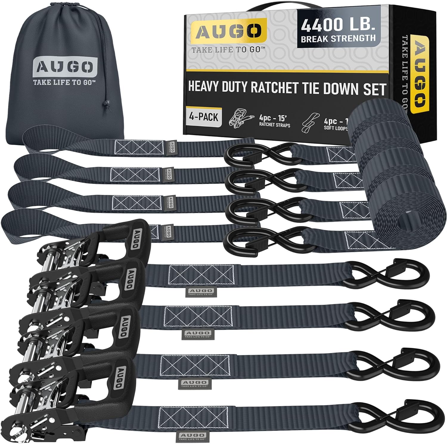 Heavy Duty Ratchet Straps - 4 Pack - 1.5" x 15 Ft - 4400 Lb Break Strength