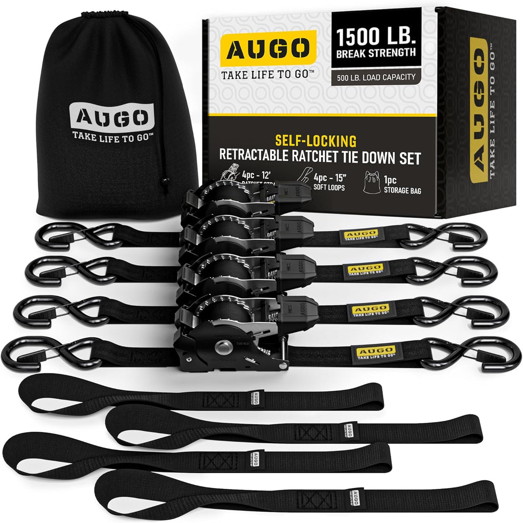 Heavy Duty Retractable Ratchet Straps - 4 Pack - 1" x 12 Ft - 1500 Lb Break Strength