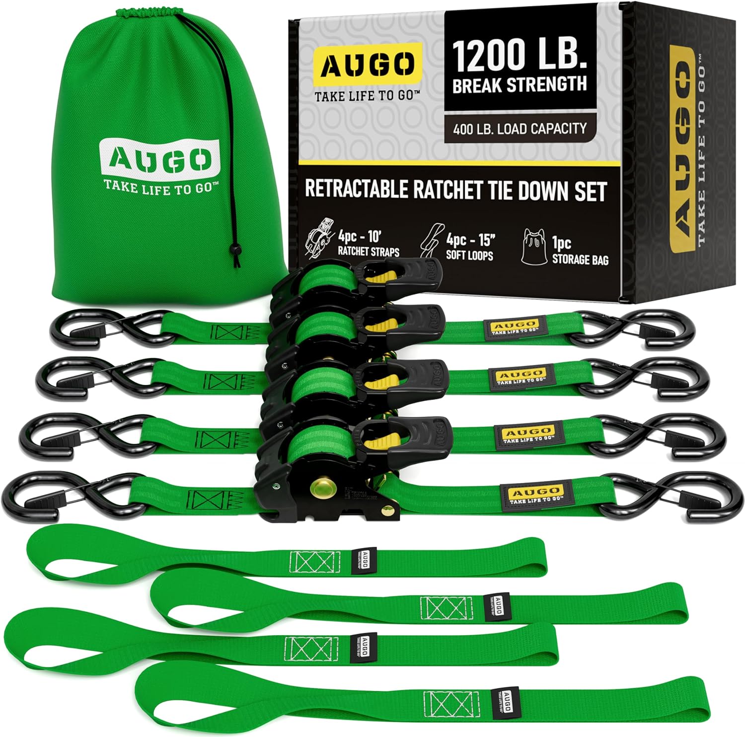 Retractable Ratchet Straps - 4 Pack - 1" x 10 Ft - 1200 Lb Break Strength