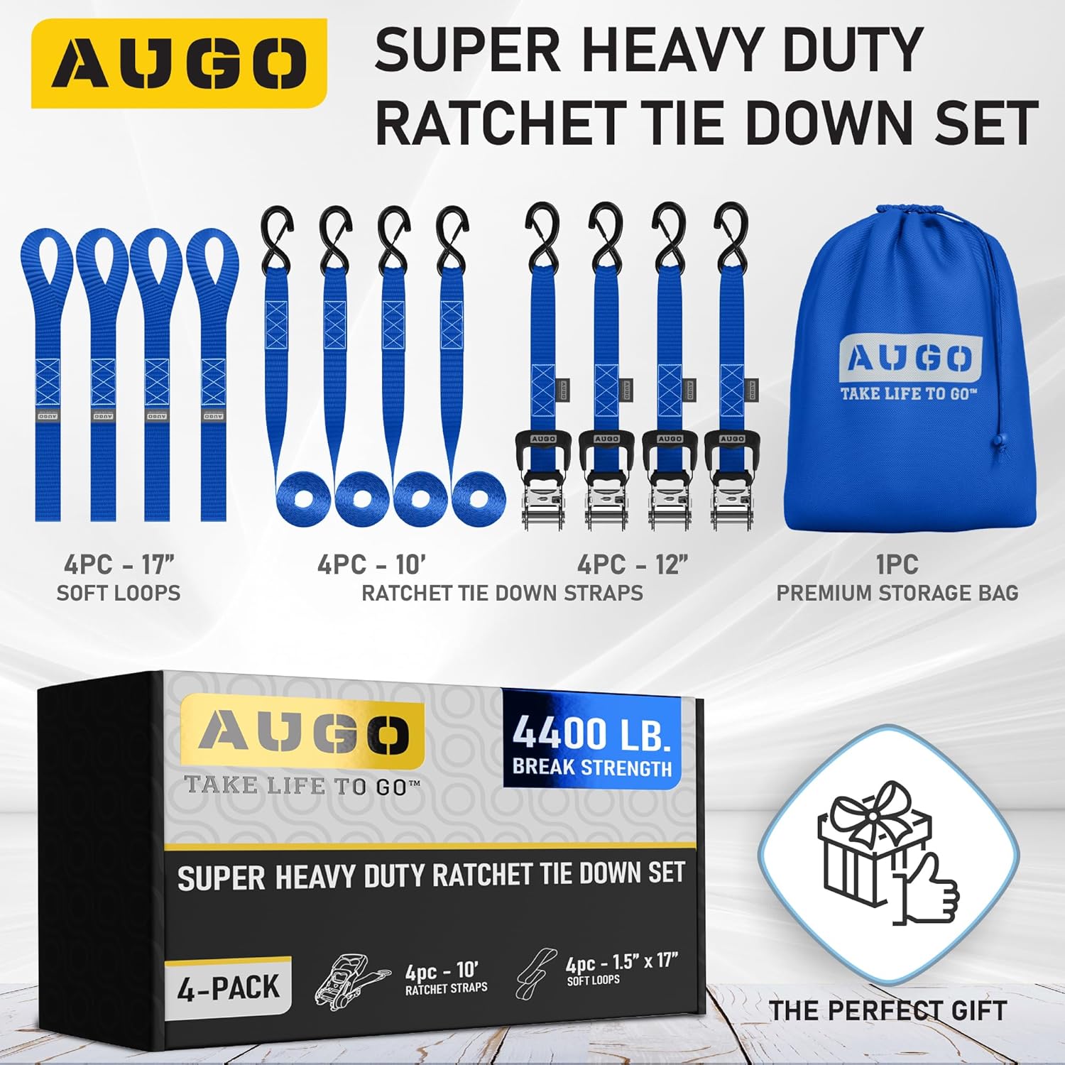 Heavy Duty Ratchet Straps - 4 Pack - 1.5" x 10 Ft - 4400 Lb Break Strength
