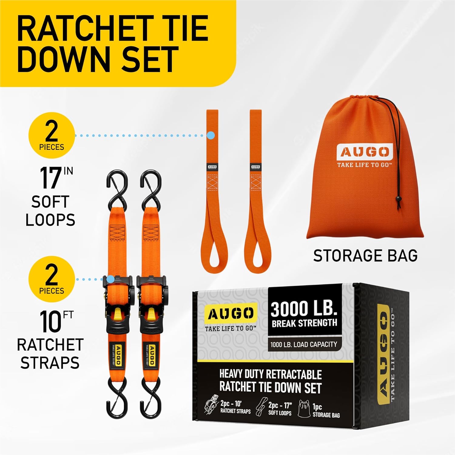 Heavy Duty Retractable Ratchet Straps - 2 Pack - 2" x 10 Ft - 3000 Lb Break Strength