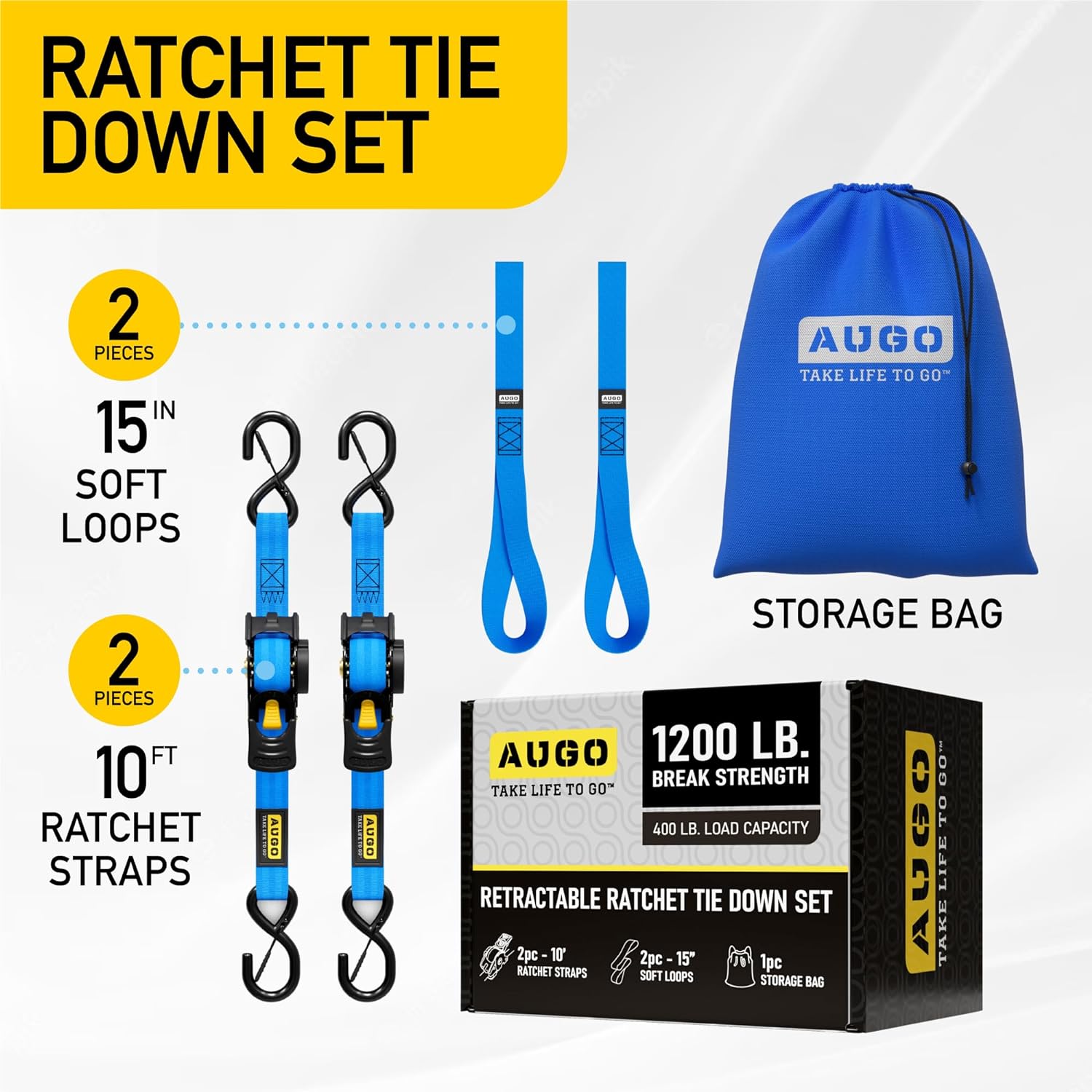 Retractable Ratchet Straps - 2 Pack - 1" x 10 Ft - 1200 Lb Break Strength