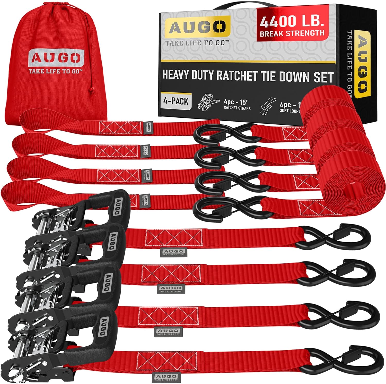 Heavy Duty Ratchet Straps - 4 Pack - 1.5" x 15 Ft - 4400 Lb Break Strength