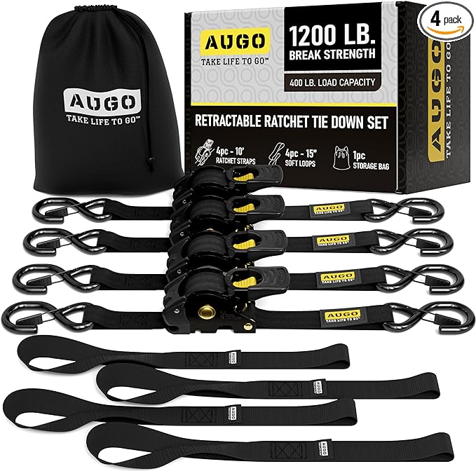 Retractable Ratchet Straps - 4 Pack - 1" x 10 Ft - 1200 Lb Break Strength