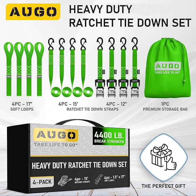 Heavy Duty Ratchet Straps - 4 Pack - 1.5" x 15 Ft - 4400 Lb Break Strength