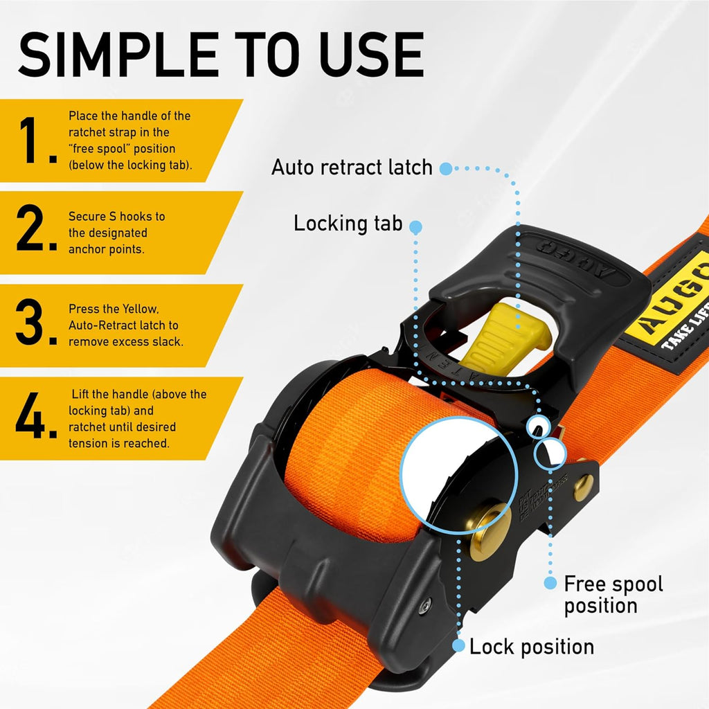 Heavy Duty Retractable Ratchet Straps - 2 Pack - 2" x 10 Ft - 3000 Lb Break Strength