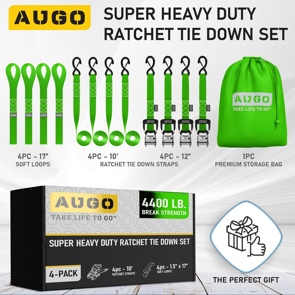 Heavy Duty Ratchet Straps - 4 Pack - 1.5" x 10 Ft - 4400 Lb Break Strength