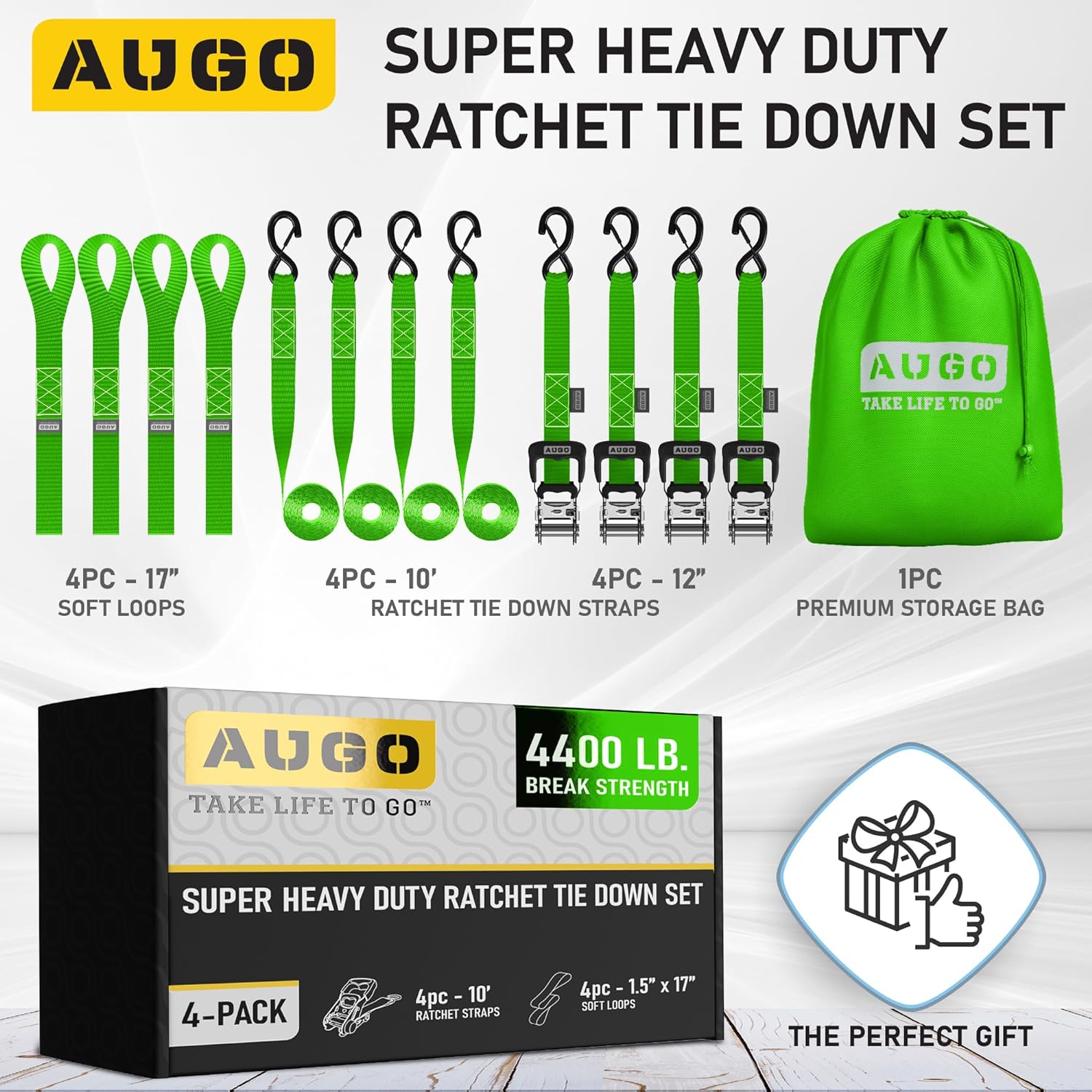 Heavy Duty Ratchet Straps - 4 Pack - 1.5" x 10 Ft - 4400 Lb Break Strength