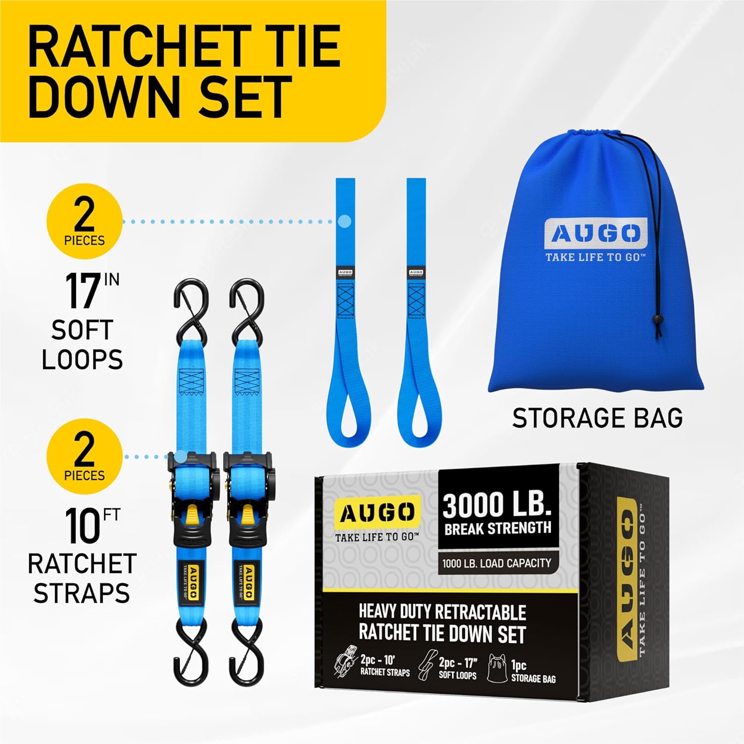 Heavy Duty Retractable Ratchet Straps - 2 Pack - 2" x 10 Ft - 3000 Lb Break Strength