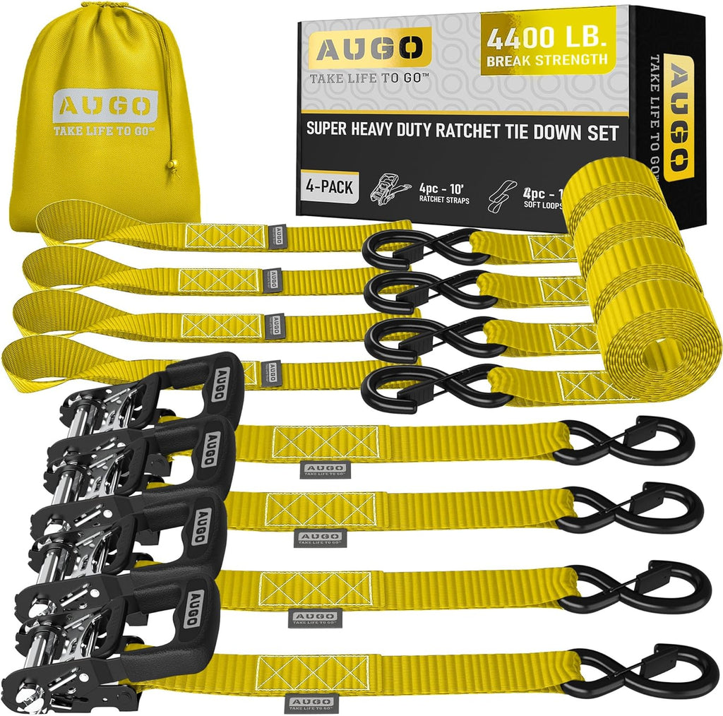 Heavy Duty Ratchet Straps - 4 Pack - 1.5" x 10 Ft - 4400 Lb Break Strength