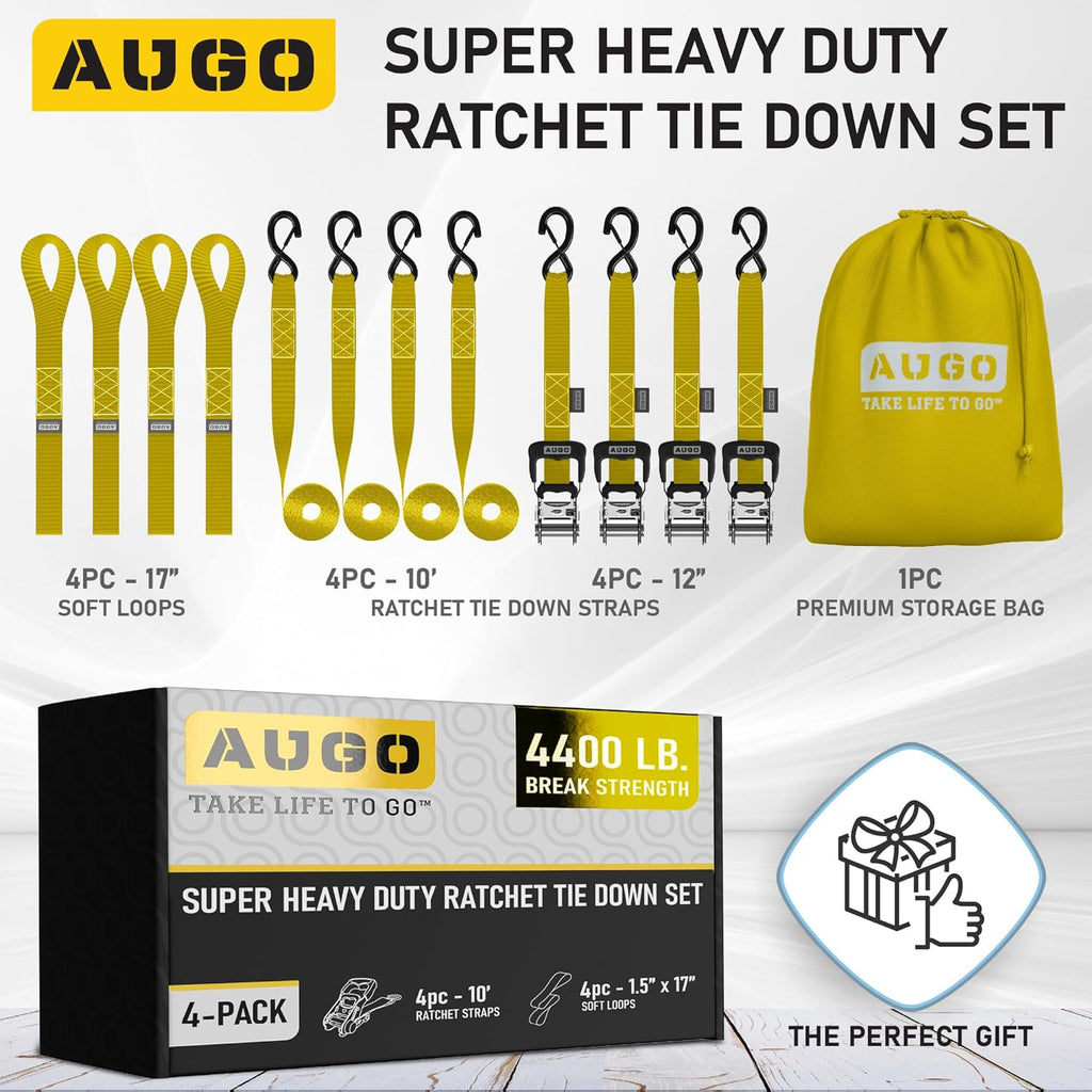 Heavy Duty Ratchet Straps - 4 Pack - 1.5" x 10 Ft - 4400 Lb Break Strength