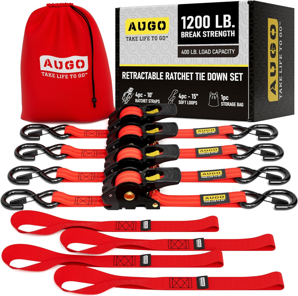 Retractable Ratchet Straps - 4 Pack - 1" x 10 Ft - 1200 Lb Break Strength