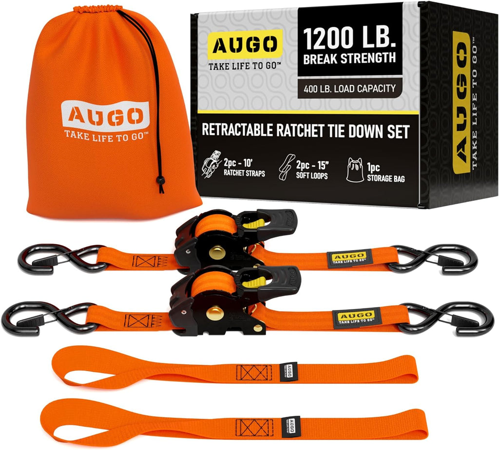 Retractable Ratchet Straps - 2 Pack - 1" x 10 Ft - 1200 Lb Break Strength