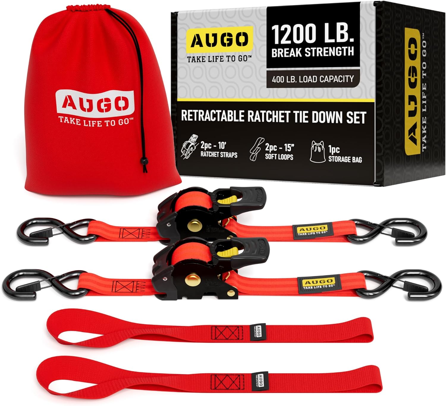 Retractable Ratchet Straps - 2 Pack - 1" x 10 Ft - 1200 Lb Break Strength