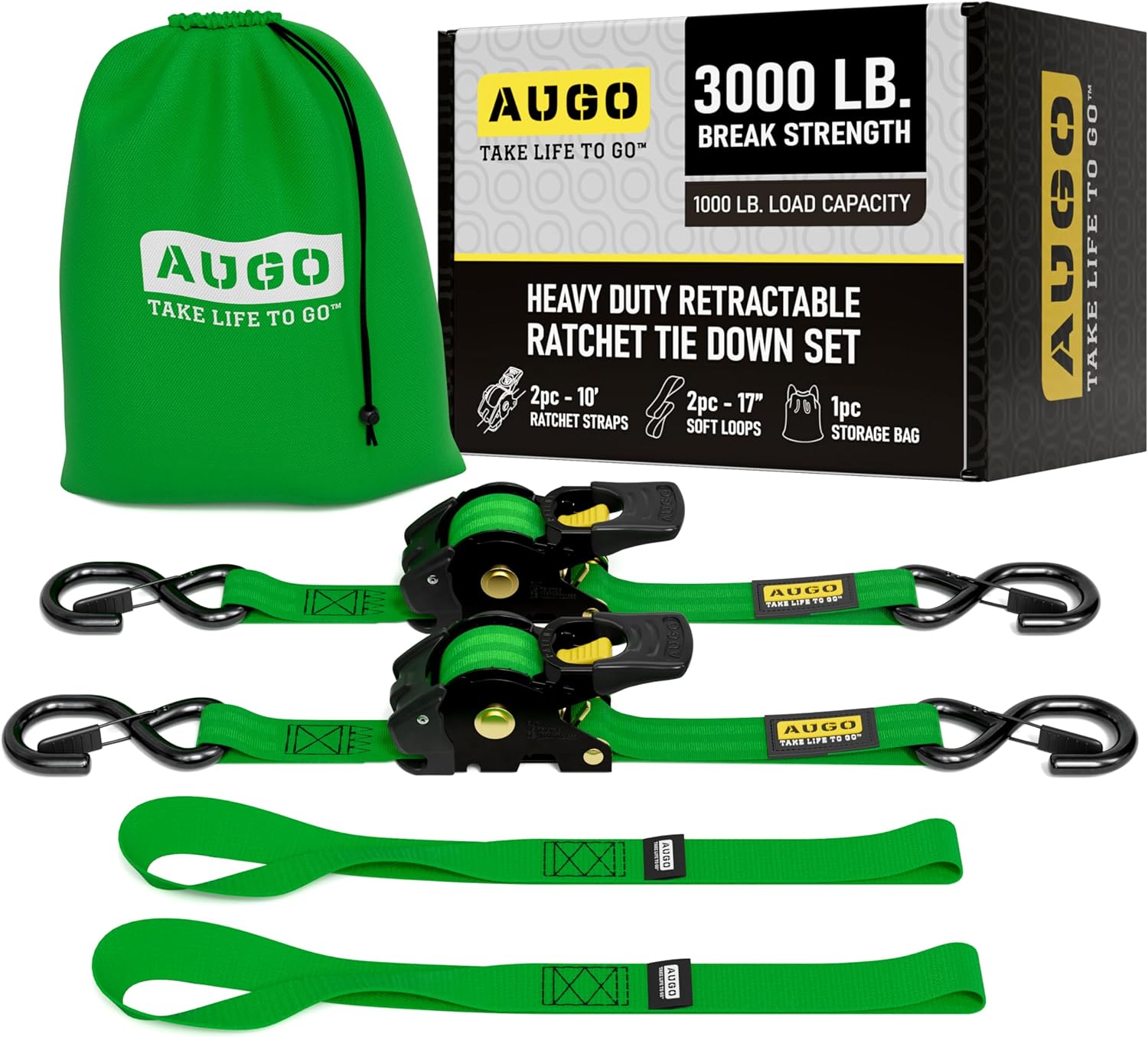 Heavy Duty Retractable Ratchet Straps - 2 Pack - 2" x 10 Ft - 3000 Lb Break Strength