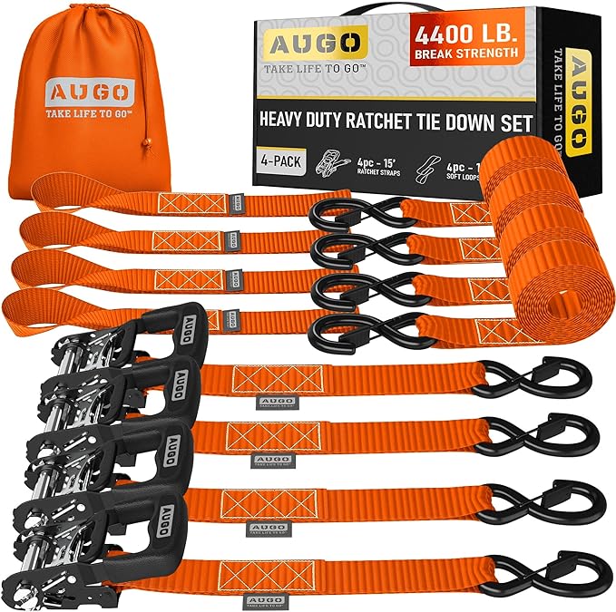 Heavy Duty Ratchet Straps - 4 Pack - 1.5" x 15 Ft - 4400 Lb Break Strength