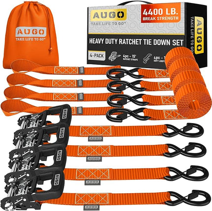 Heavy Duty Ratchet Straps - 4 Pack – 15 ft - 4400 lb Break Strength