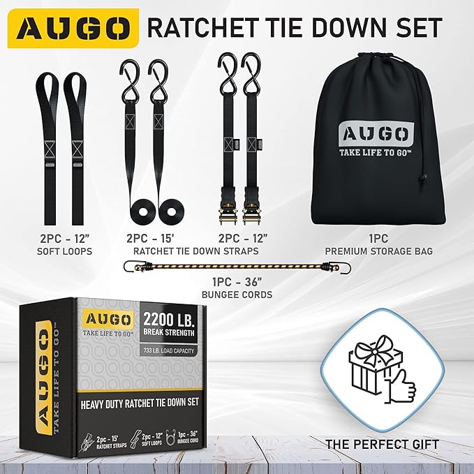 AUGO Ratchet Tie Down Straps -2 PK– 15 FT – Break Strength – Safety Lock S Hooks –for Moving Cargo, Appliances, Lawn Equipment, Motorcycle – Includes 1 Bungee Cord, 2 Soft Loops, Storage Bag