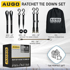 AUGO Ratchet Tie Down Straps -2 PK– 15 FT – Break Strength – Safety Lock S Hooks –for Moving Cargo, Appliances, Lawn Equipment, Motorcycle – Includes 1 Bungee Cord, 2 Soft Loops, Storage Bag