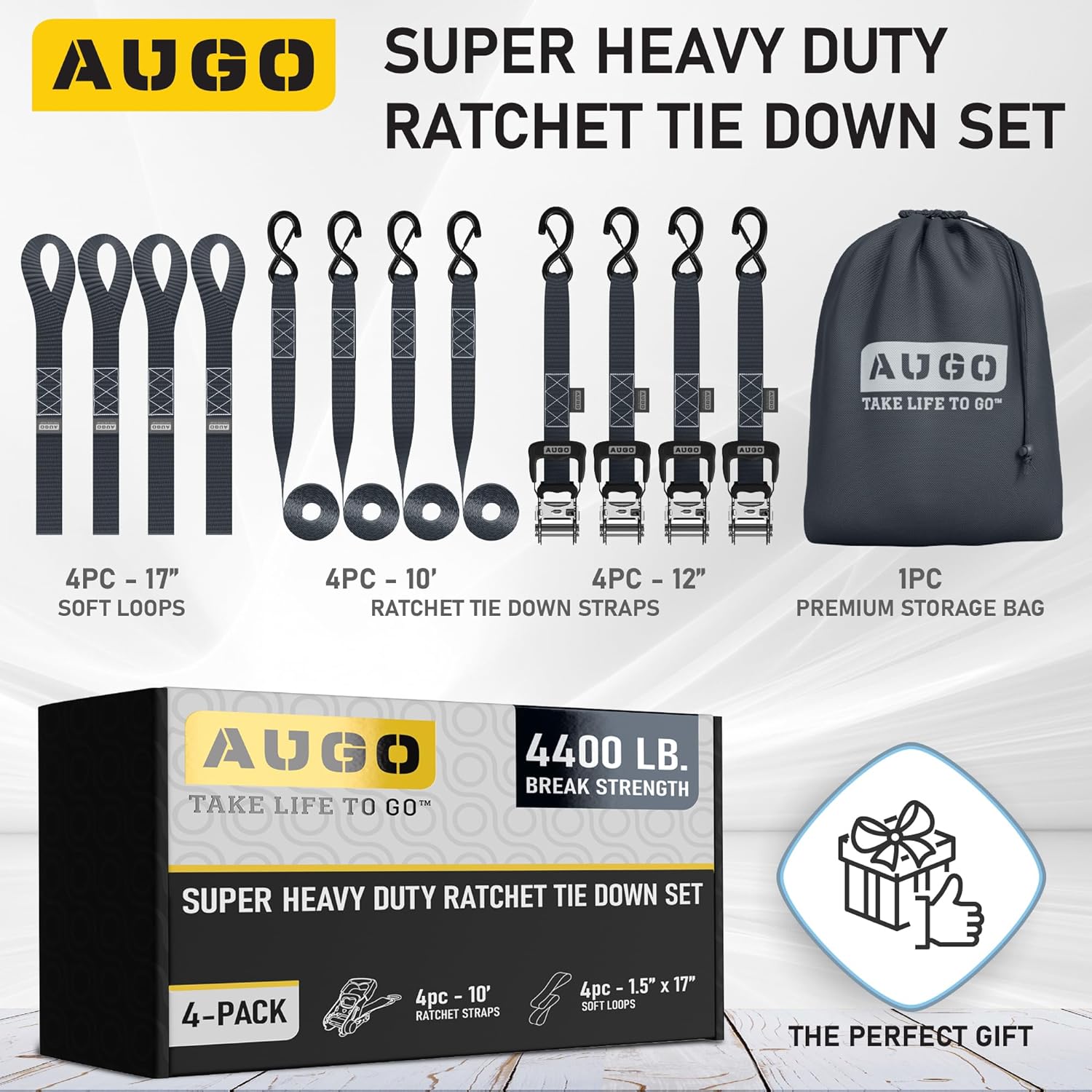 Heavy Duty Ratchet Straps - 4 Pack - 1.5" x 10 Ft - 4400 Lb Break Strength