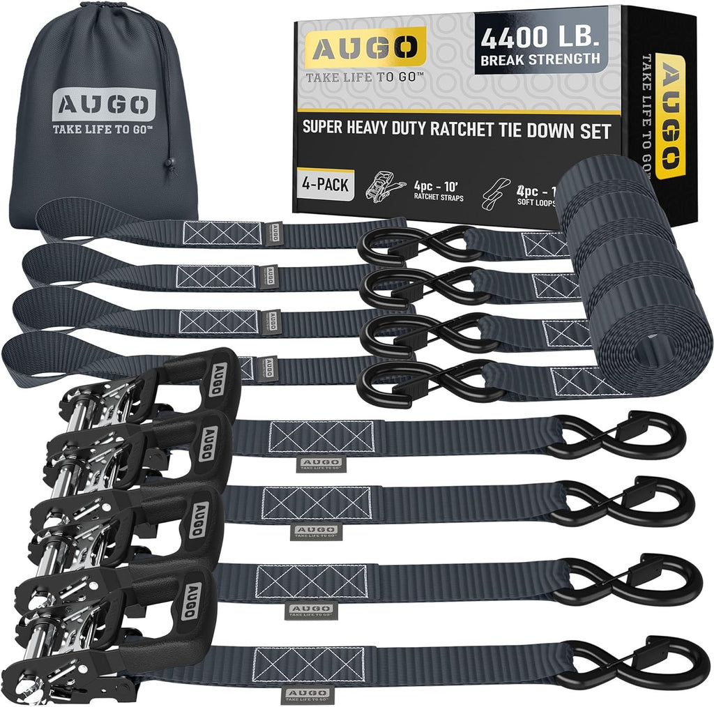 Heavy Duty Ratchet Straps - 4 Pack - 1.5" x 10 Ft - 4400 Lb Break Strength