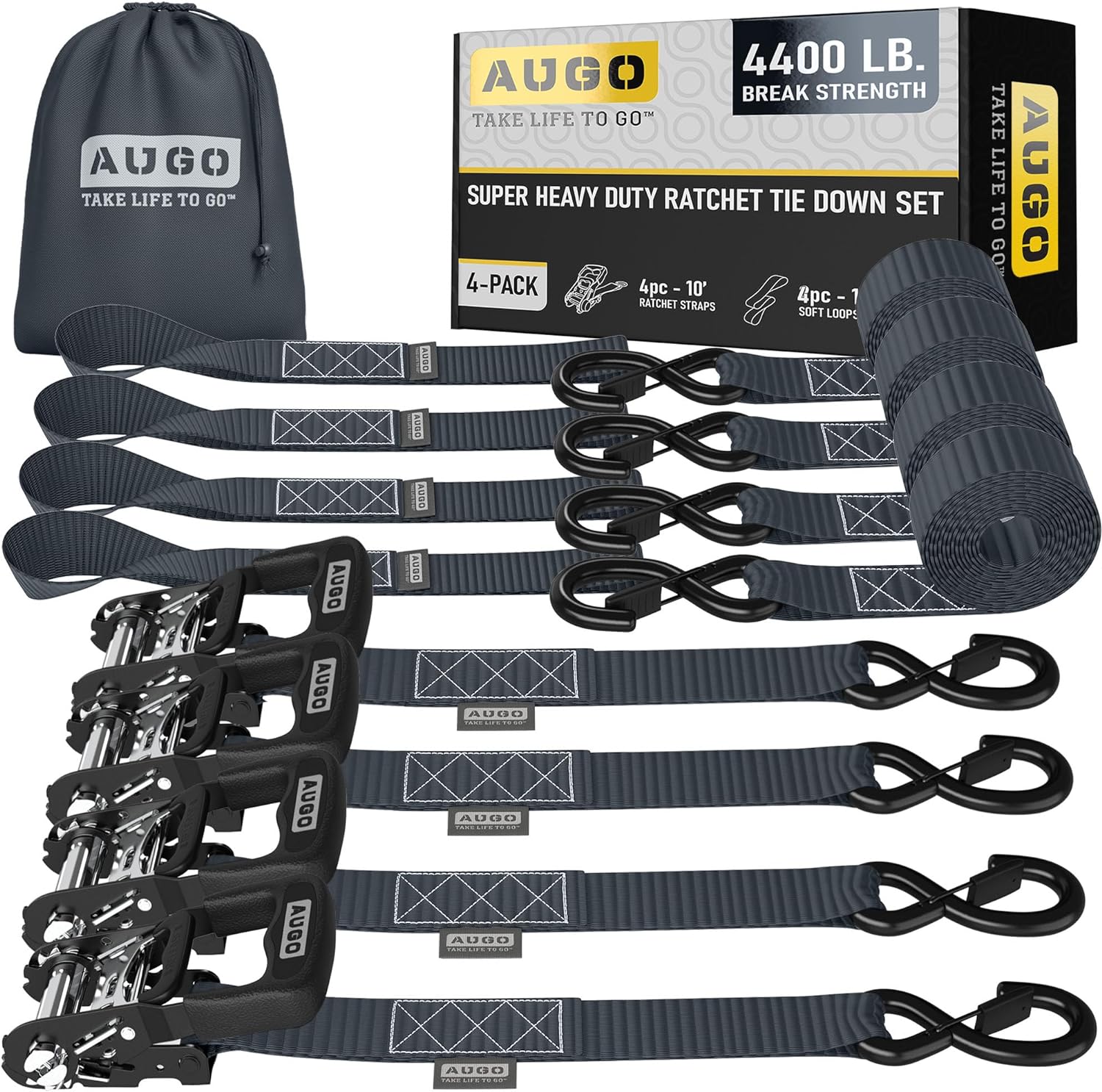 Heavy Duty Ratchet Straps - 4 Pack – 10 ft - 4400 lb Break Strength