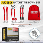 AUGO Ratchet Tie Down Straps -2 PK– 15 FT – Break Strength – Safety Lock S Hooks –for Moving Cargo, Appliances, Lawn Equipment, Motorcycle – Includes 1 Bungee Cord, 2 Soft Loops, Storage Bag