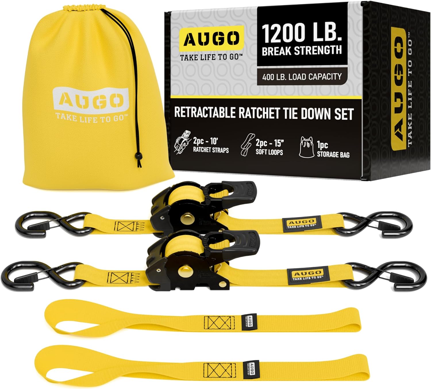 Retractable Ratchet Straps - 2 Pack - 1" x 10 Ft - 1200 Lb Break Strength