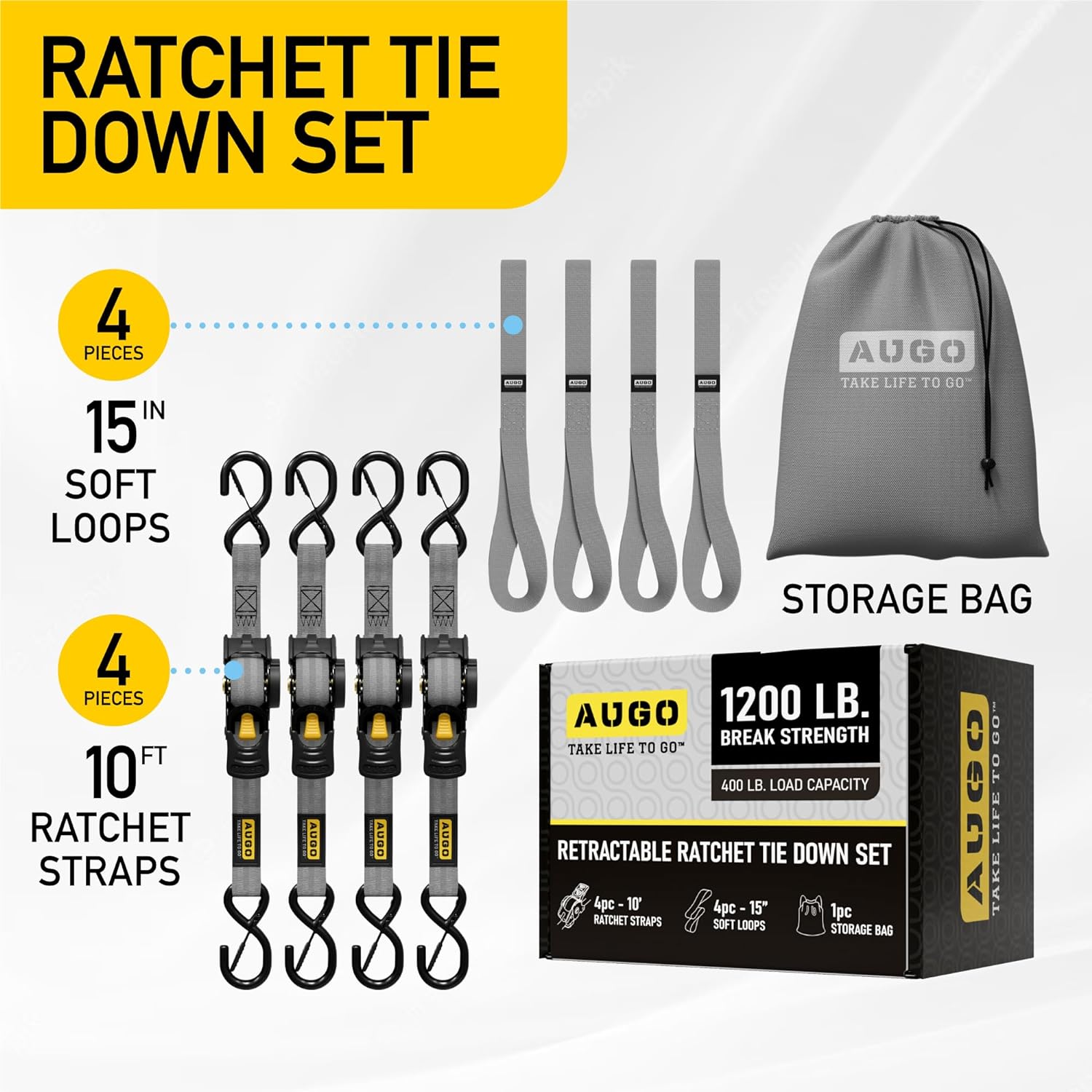 Retractable Ratchet Straps - 4 Pack - 1" x 10 Ft - 1200 Lb Break Strength