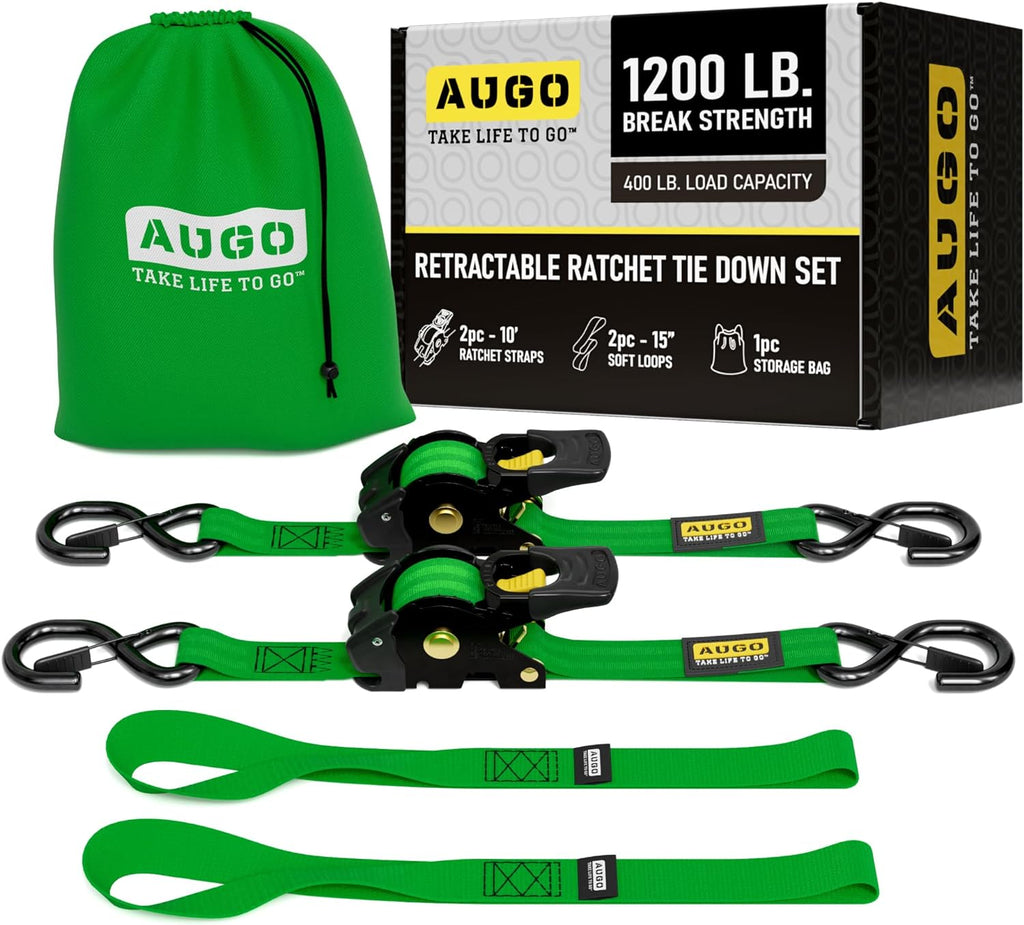 Retractable Ratchet Straps - 2 Pack - 1" x 10 Ft - 1200 Lb Break Strength