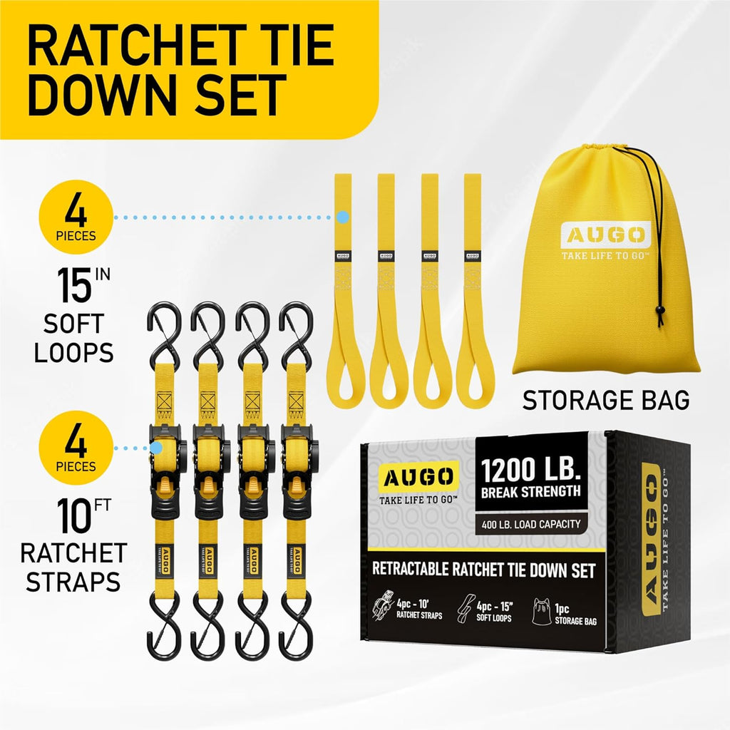 Retractable Ratchet Straps - 4 Pack - 1" x 10 Ft - 1200 Lb Break Strength