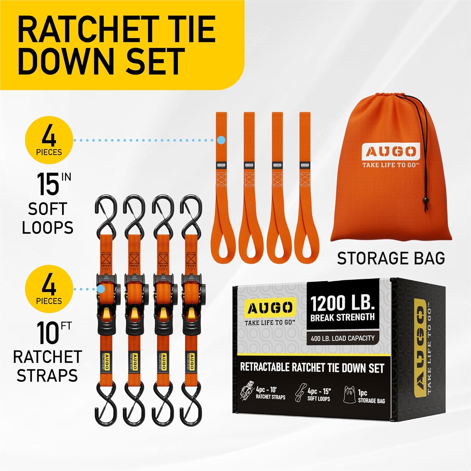 Retractable Ratchet Straps - 4 Pack - 1" x 10 Ft - 1200 Lb Break Strength