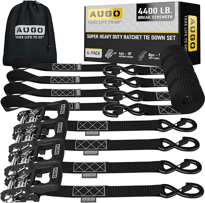 Heavy Duty Ratchet Straps - 4 Pack - 1.5" x 10 Ft - 4400 Lb Break Strength
