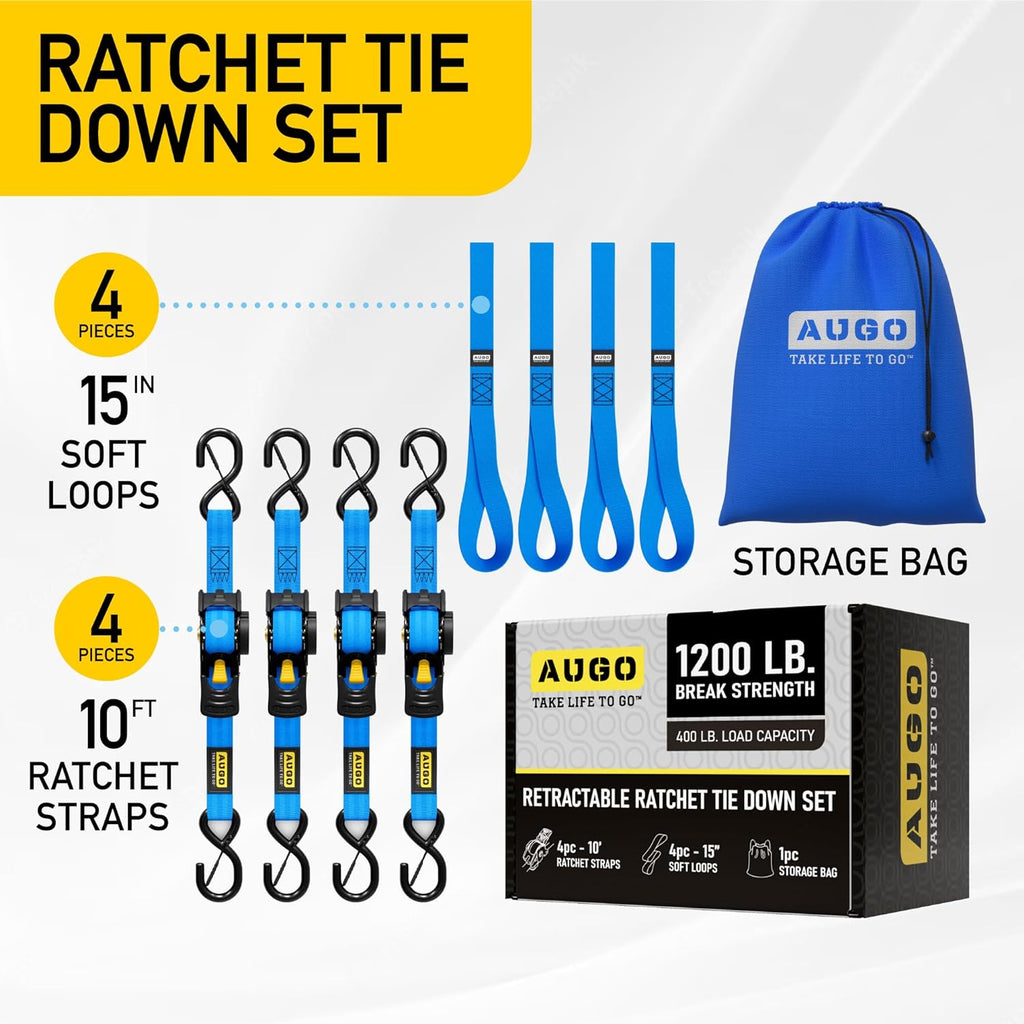 Retractable Ratchet Straps - 4 Pack - 1" x 10 Ft - 1200 Lb Break Strength