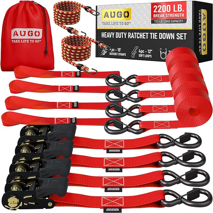 Ratchet Straps - 4 Pack - 1" x 15 Ft - 2200 Lb Break Strength