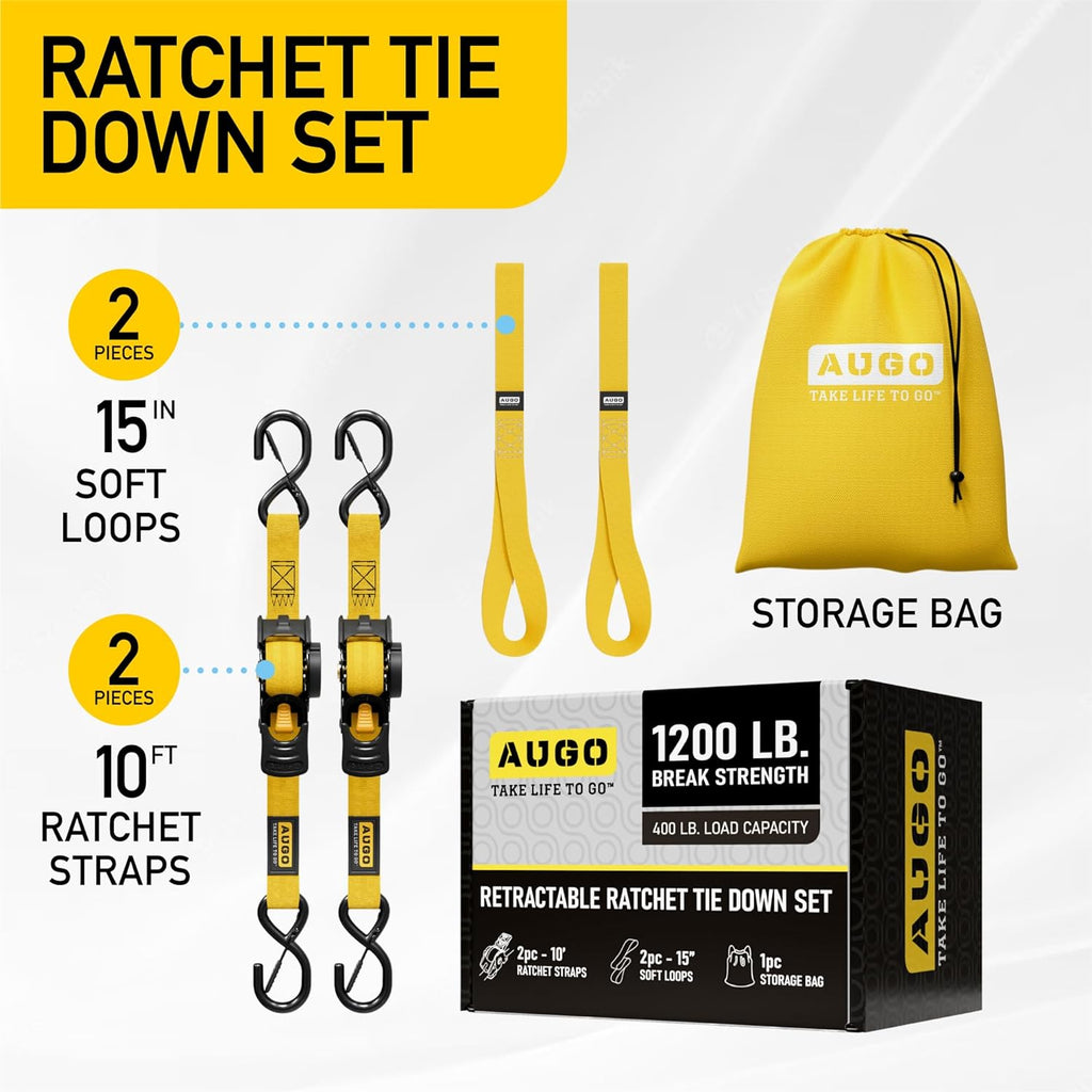 Retractable Ratchet Straps - 2 Pack - 1" x 10 Ft - 1200 Lb Break Strength