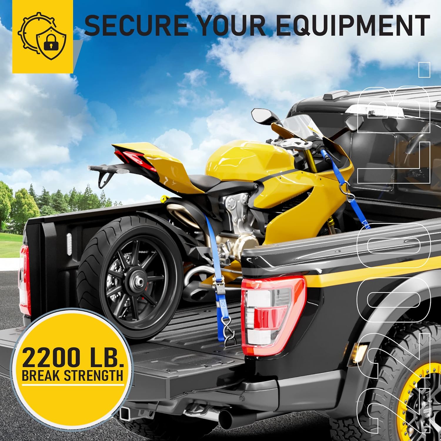 AUGO Ratchet Tie Down Straps -2 PK– 15 FT – Break Strength – Safety Lock S Hooks –for Moving Cargo, Appliances, Lawn Equipment, Motorcycle – Includes 1 Bungee Cord, 2 Soft Loops, Storage Bag