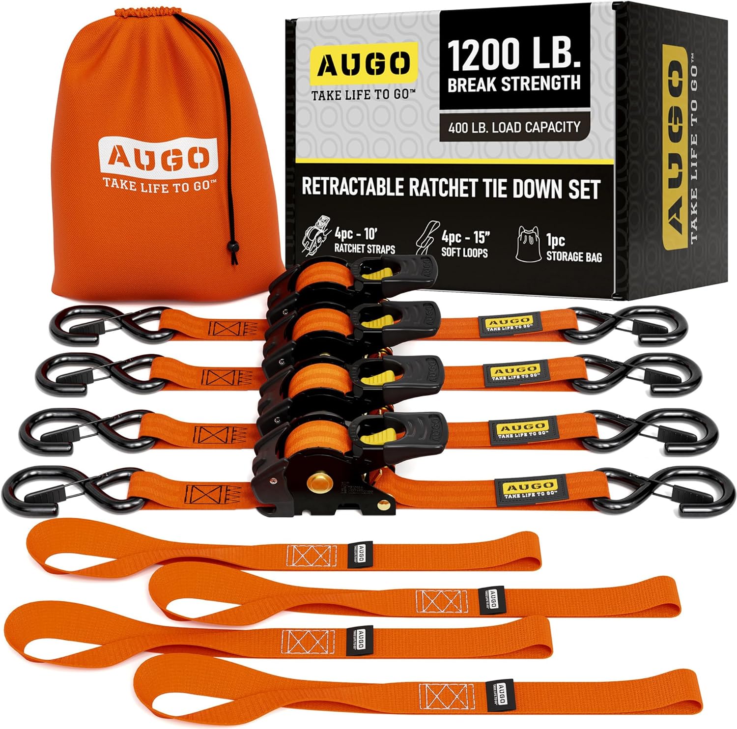 Retractable Ratchet Straps - 4 Pack - 1" x 10 Ft - 1200 Lb Break Strength