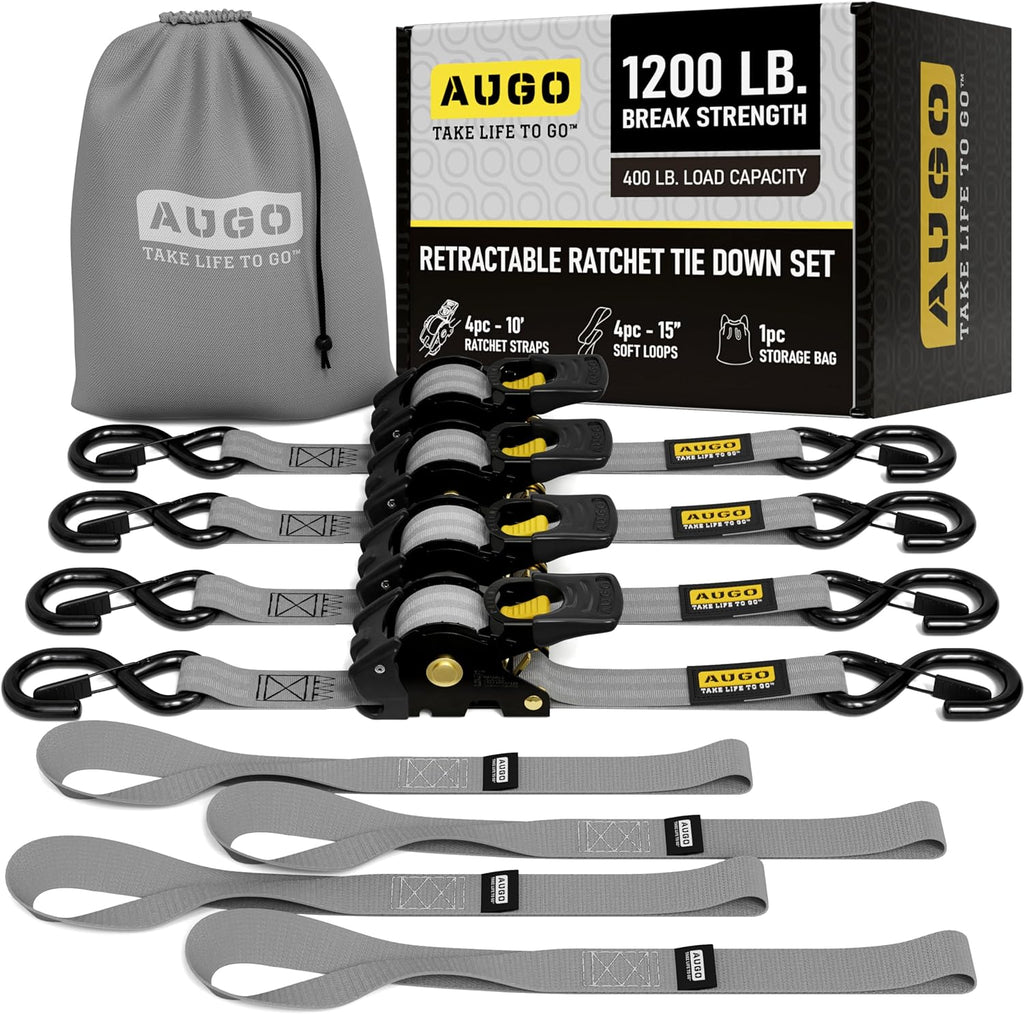 Retractable Ratchet Straps - 4 Pack - 1" x 10 Ft - 1200 Lb Break Strength