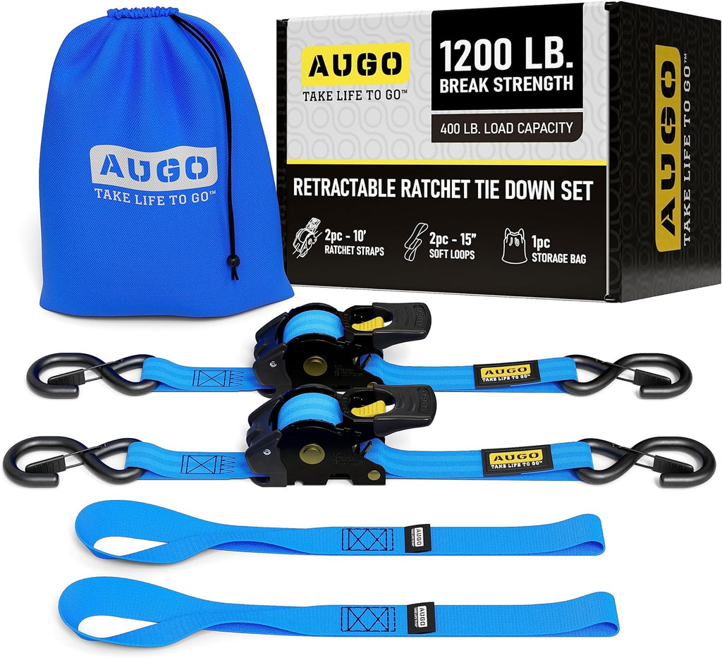 Retractable Ratchet Straps - 2 Pack - 1" x 10 Ft - 1200 Lb Break Strength
