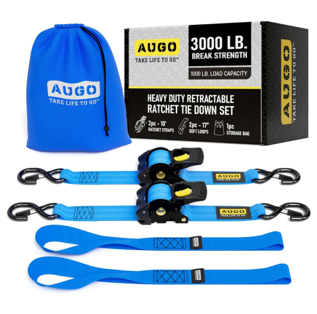 Heavy Duty Retractable Ratchet Straps - 2 Pack - 2" x 10 Ft - 3000 Lb Break Strength