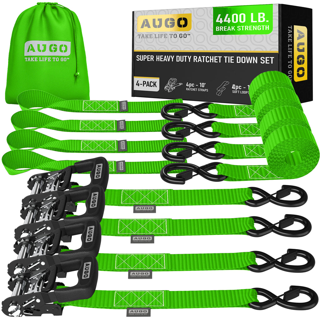 Heavy Duty Ratchet Straps - 4 Pack - 1.5" x 10 Ft - 4400 Lb Break Strength